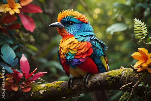 A colorful bird sits on a branch in the forest.