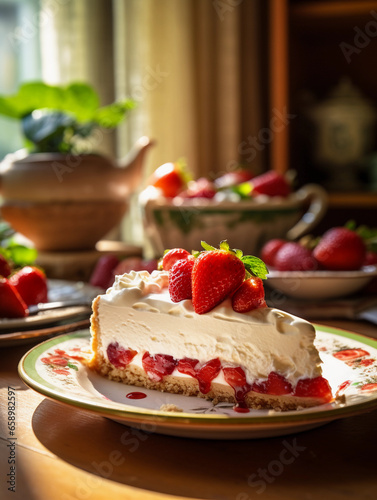 Strawberry cheesecake slice, dollop of whipped cream, vibrant red strawberries, set on a ceramic plate, side profile