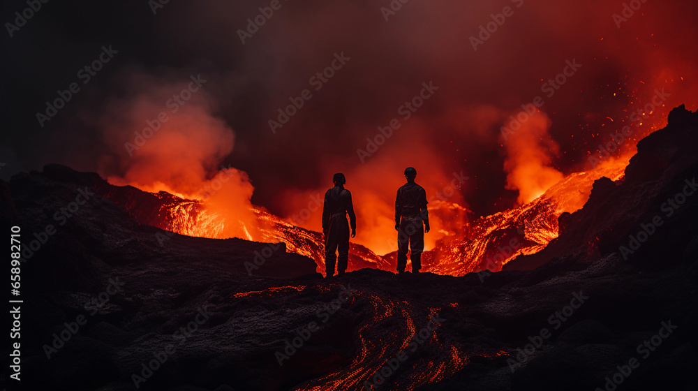 Two explorers standing on the edge of an active volcano, staring into the boiling lava, dramatic contrast lighting