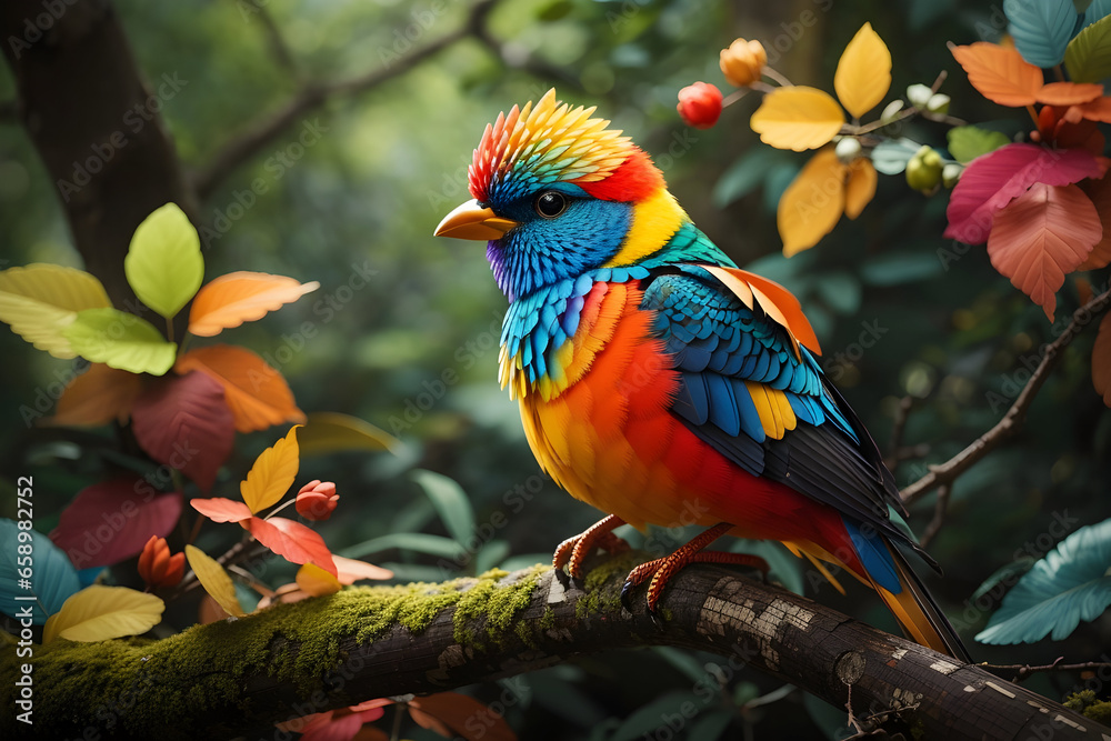 A colorful bird sits on a branch in the forest.