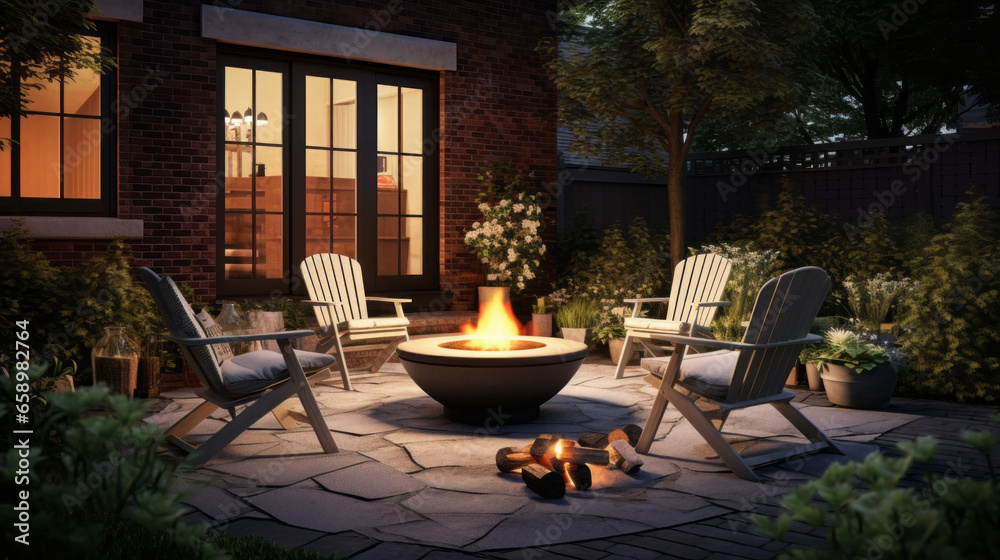 An outdoor patio with a fire pit a few chairs and a small table