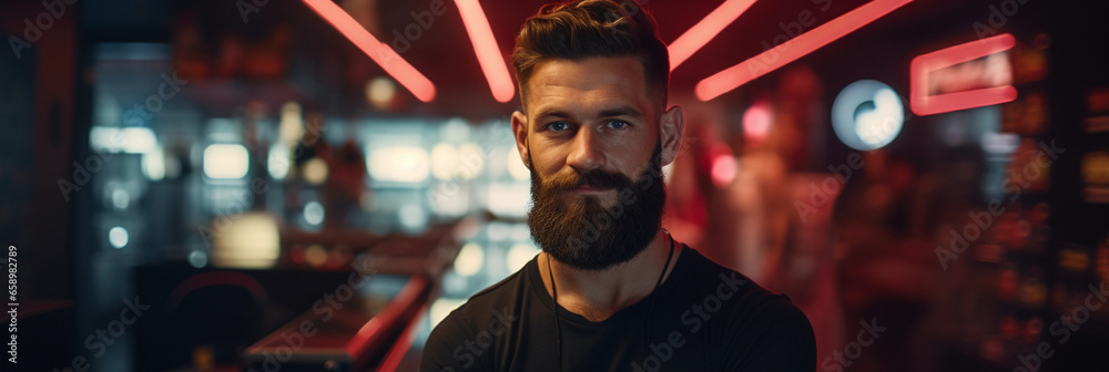 man with a circle beard, medium skin tone, in a barber shop setting. Tools and products blurred in the background man with a circle beard, medium skin tone, in a barber shop setting. Tools and products blurred in the background