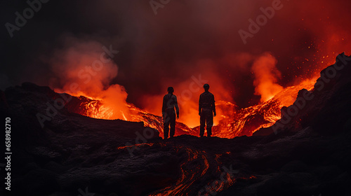 Two explorers standing on the edge of an active volcano  staring into the boiling lava  dramatic contrast lighting