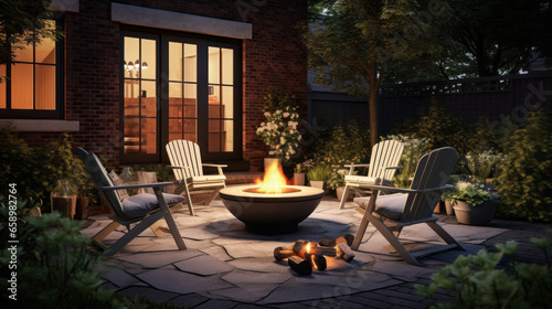 An outdoor patio with a fire pit a few chairs and a small table