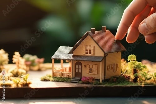 Real estate agent or real estate agent is showing house model to customer.