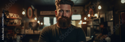 man with a circle beard, medium skin tone, in a barber shop setting. Tools and products blurred in the background
