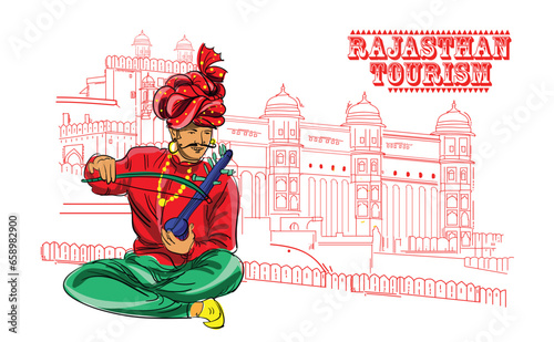 Rajasthan tourism people playing musical instruments vector illustration