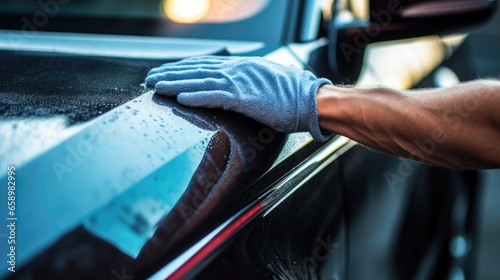 Car wash concept. Close up of male hands in gloves washing a car. © Mr. Muzammil