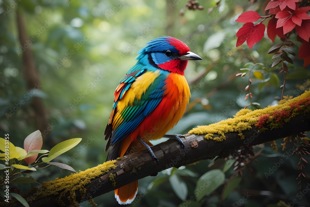 A colorful bird sits on a branch in the forest.