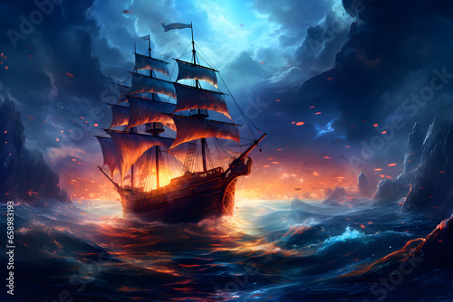 Burning Ship Sailing on dark Sea 