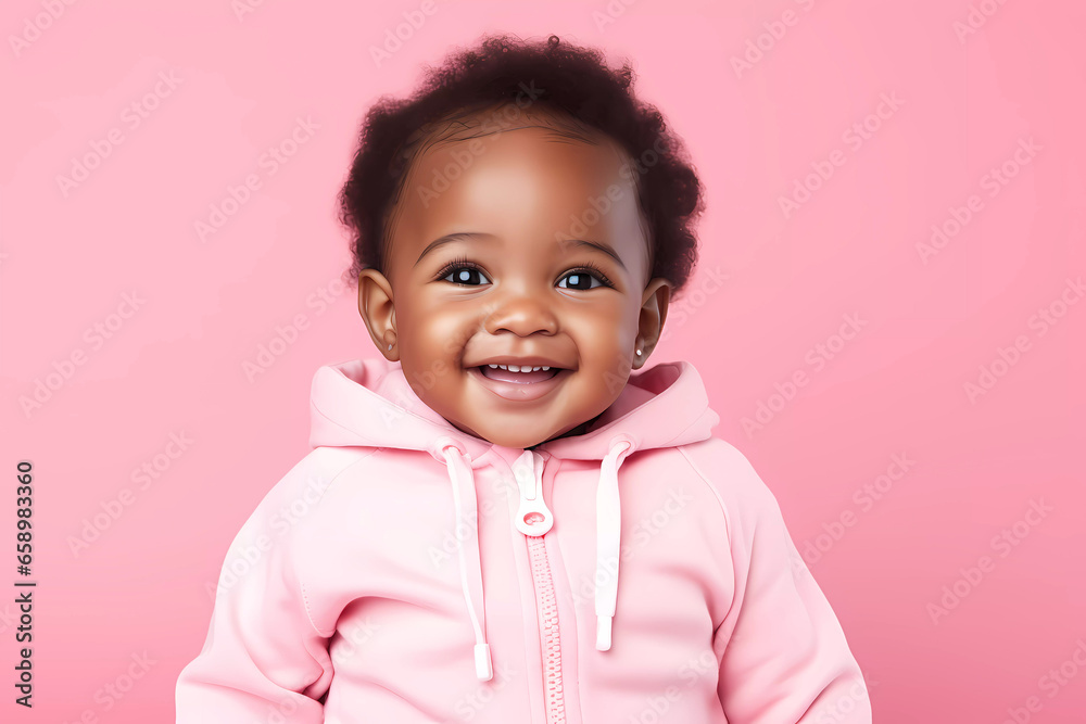 Joyful Black Baby in Pink Outfit on Pink Background Joyful Black Baby in Pink Outfit on Pink Background