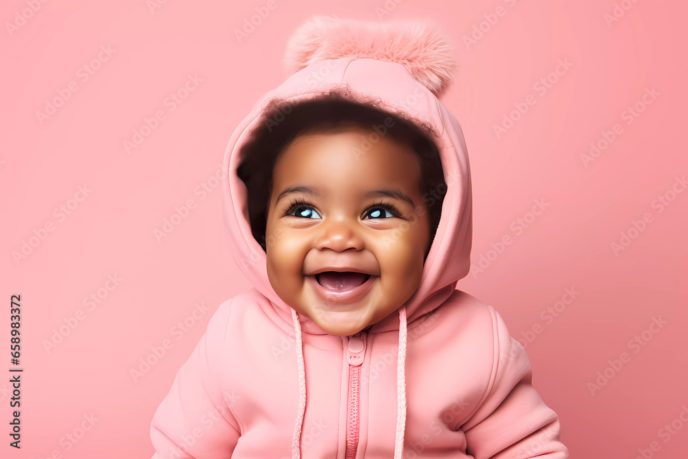 Joyful Black Baby in Pink Outfit on Pink Background Joyful Black Baby in Pink Outfit on Pink Background