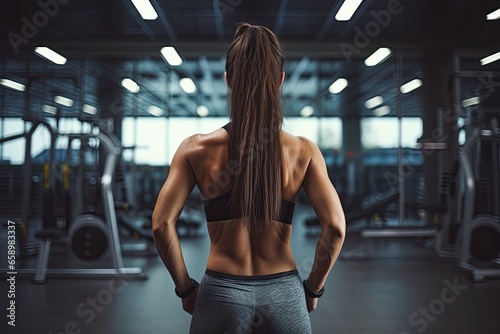 Back view of a sporty young Scandinavian woman in gym. Beautiful young female athlete bodybuilder, resting after the cross-fit workout.