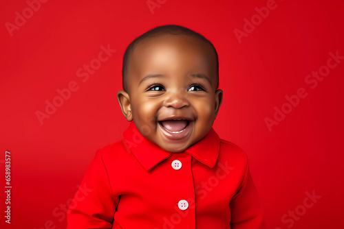 Joyful Black Baby in Red Outfit on Red Background