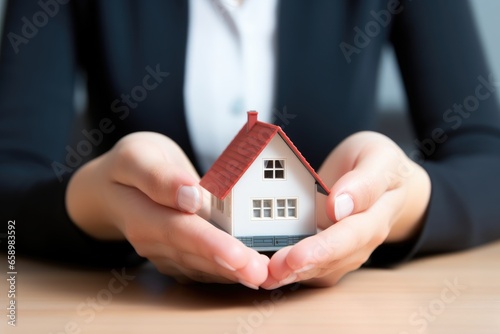 Real estate agent or real estate agent is showing house model to customer.