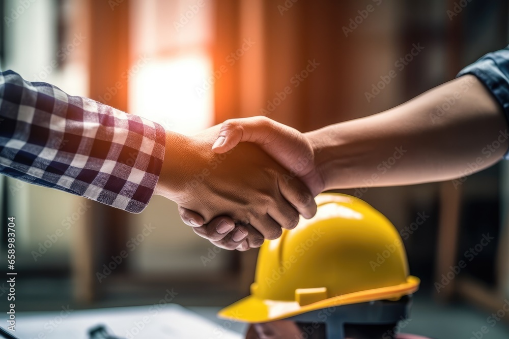 Close up of engineer or architect shaking hands to seal a deal with his partner. Close up of engineer or architect shaking hands to seal a deal with his partner.