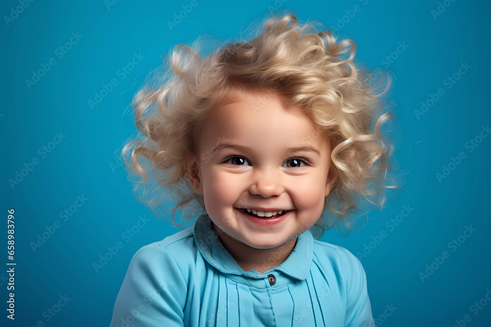 Blond Baby in Blue Outfit on Matching Background Blond Baby in Blue Outfit on Matching Background