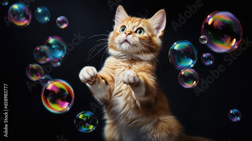 Cat catching soap bubbles