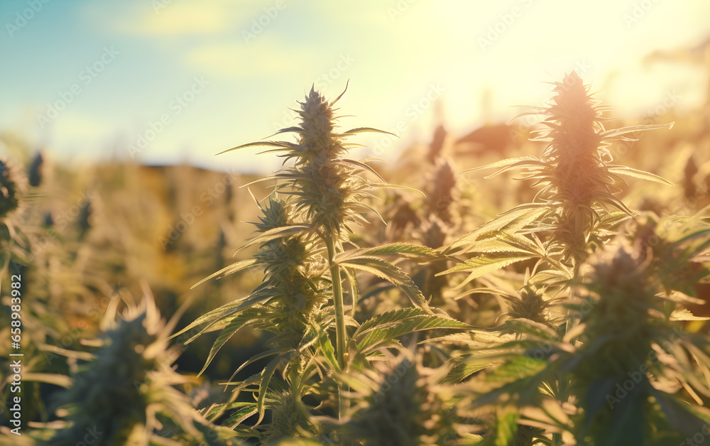 Fototapeta premium Sonnige morgen in der Cannabis Ackerbau - KI generiert