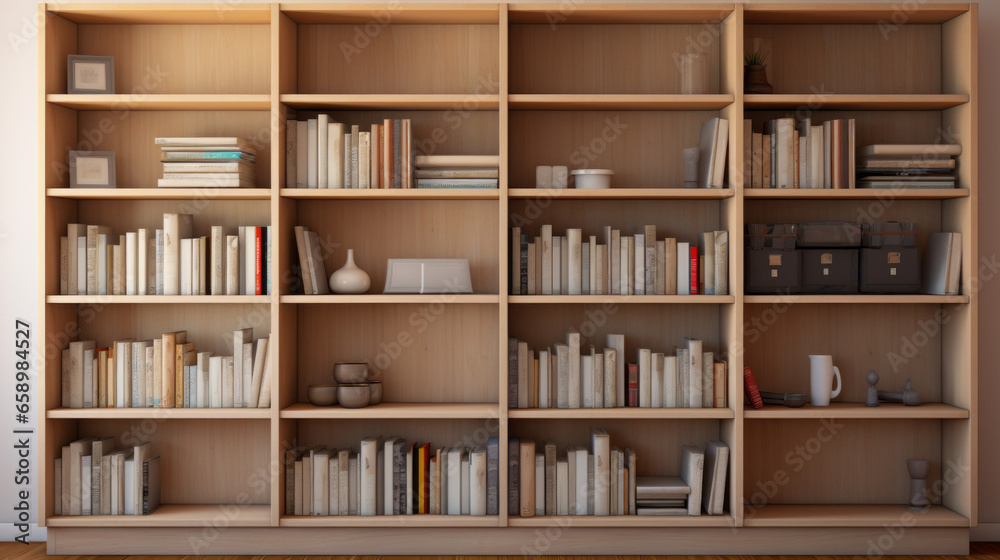 An open bookcase with shelves made of light-colored wood - obrazy, fototapety, plakaty 