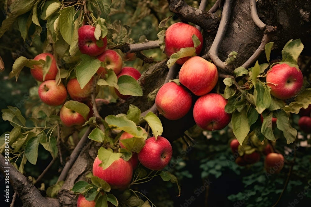 Obraz premium apples on a branch of a tree AI Generative 