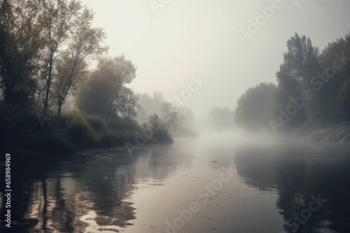 A misty landscape with fog and cloudy weather over a river, creating a vertical mood background. Generative AI