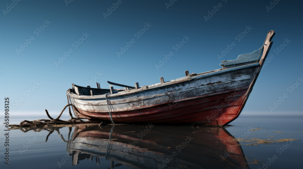 An old wooden fishing boat bobbing in a calm lake