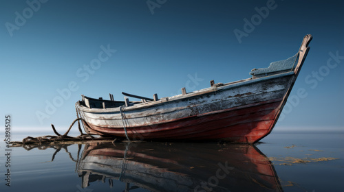 An old wooden fishing boat bobbing in a calm lake