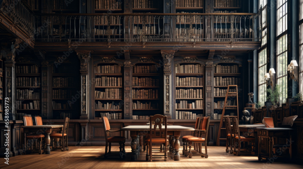 An old-fashioned library with a few tables and chairs and bookshelves lining the walls An old-fashioned library with a few tables and chairs and bookshelves lining the walls