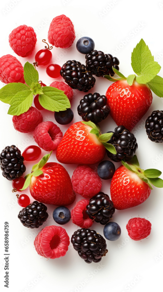 A variety of berries on a white background. View from above A variety of berries on a white background. View from above