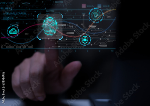 cyber security concept computer network and communication Protect data Reduce vulnerabilities in the network Using the fingerprint scanner to log in