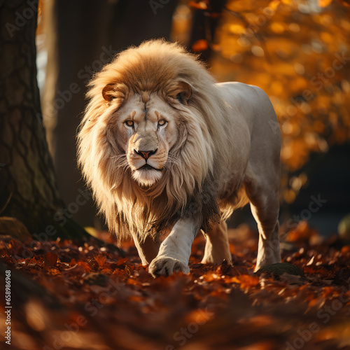 White lion walking in wilderness. Animal kingdom concept.