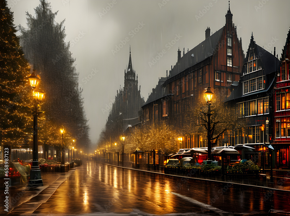 Fototapeta premium Cozy Christmas long shot vintage rain. Maximum