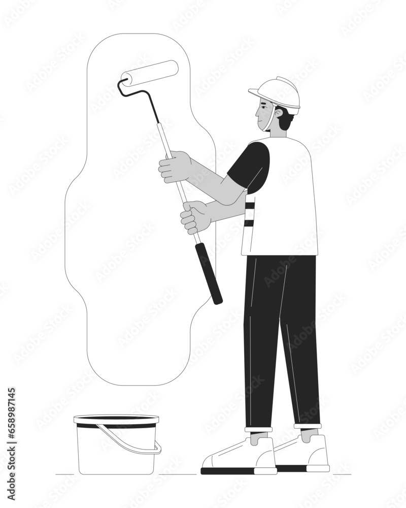 Hardhat contractor painting wall black and white cartoon flat illustration. Latino painter holding paint roller 2D lineart character isolated. Building renovation monochrome scene vector outline image Hardhat contractor painting wall black and white cartoon flat illustration. Latino painter holding paint roller 2D lineart character isolated. Building renovation monochrome scene vector outline image