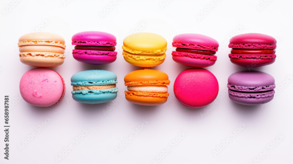 Multicolored macaroons on a white background, top view Multicolored macaroons on a white background, top view
