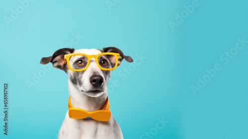 Photo Dalmatian with sunglasses on a blue background