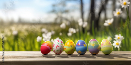 Easter eggs in a sunny spring meadow
