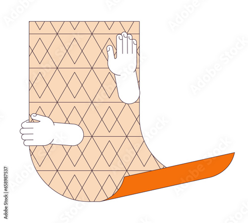 Hands applying wallpaper linear cartoon character hands illustration. Do it yourself wallpapering at home outline 2D vector image, white background. Home improvement editable flat color clipart