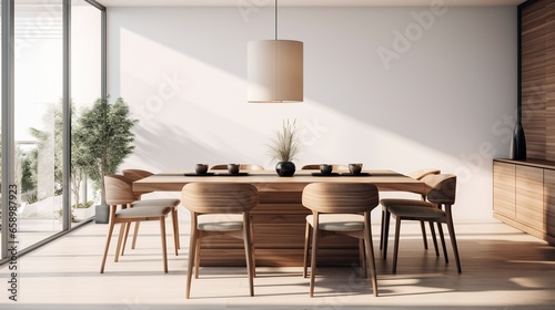 Minimalist interior design of modern dining room with wooden table and chairs © LaxmiOwl