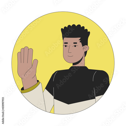 African american guy waving happy 2D line vector avatar illustration. Male black student saying hello outline cartoon character face. Greeting. Body language flat color user profile image isolated