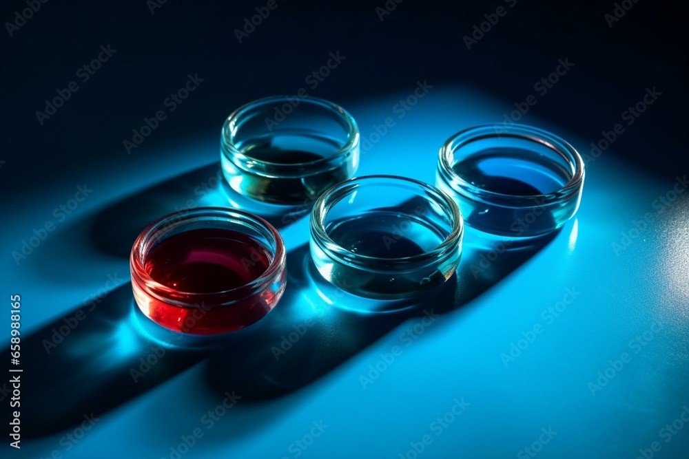Gel samples in a petri dish on a blue banner with intense shadows. Generative AI Gel samples in a petri dish on a blue banner with intense shadows. Generative AI