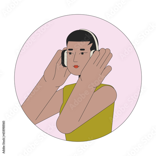 Short hair african american girl headphones 2D line vector avatar illustration. Listening music outline cartoon character face. Podcast listener. Melomaniac flat color user profile image isolated