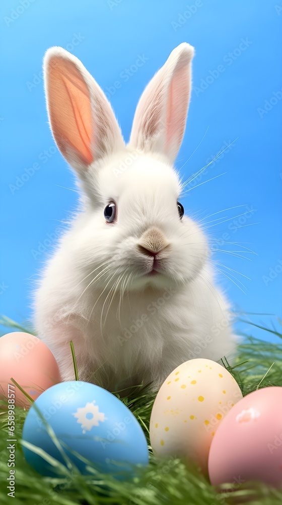 Happy Easter bunny Rabbit with easter eggs on grass, background mockup wallpaper, invitation, banner poster Happy Easter bunny Rabbit with easter eggs on grass, background mockup wallpaper, invitation, banner poster