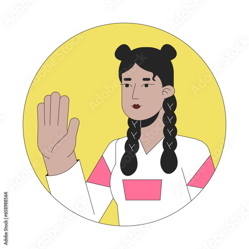 Stylish hispanic girl hello wave 2D line vector avatar illustration. Positive greeting teenager latina outline cartoon character face. Stop hand. Saying hi flat color user profile image isolated