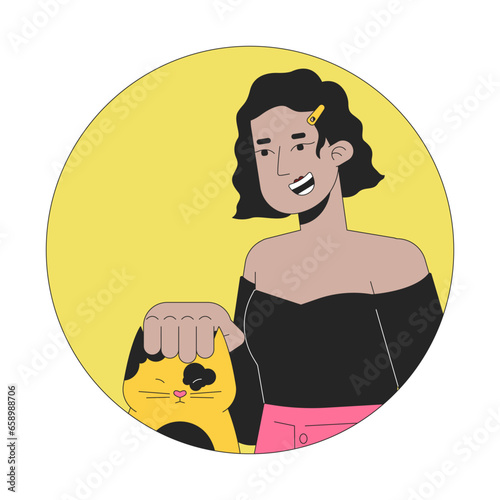 Girl latina petting domestic kitten 2D line vector avatar illustration. Hispanic lady cat head scratching outline cartoon character face. Pet lover female flat color user profile image isolated