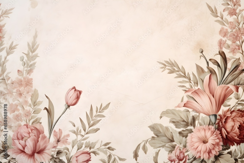 Beige, pink and green themed Renaissance inspired floral flowers illustration vintage rustic background, mockup, wedding invitation, junk journal  - obrazy, fototapety, plakaty 