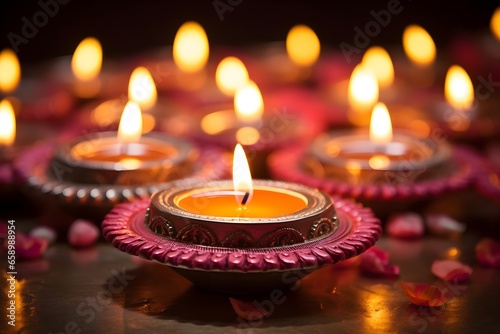 Deepavali Indian oil lamps and mandala flat lay background with copy space mockup 