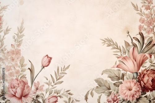 Beige, pink and green themed Renaissance inspired floral flowers illustration vintage rustic background, mockup, wedding invitation, junk journal 