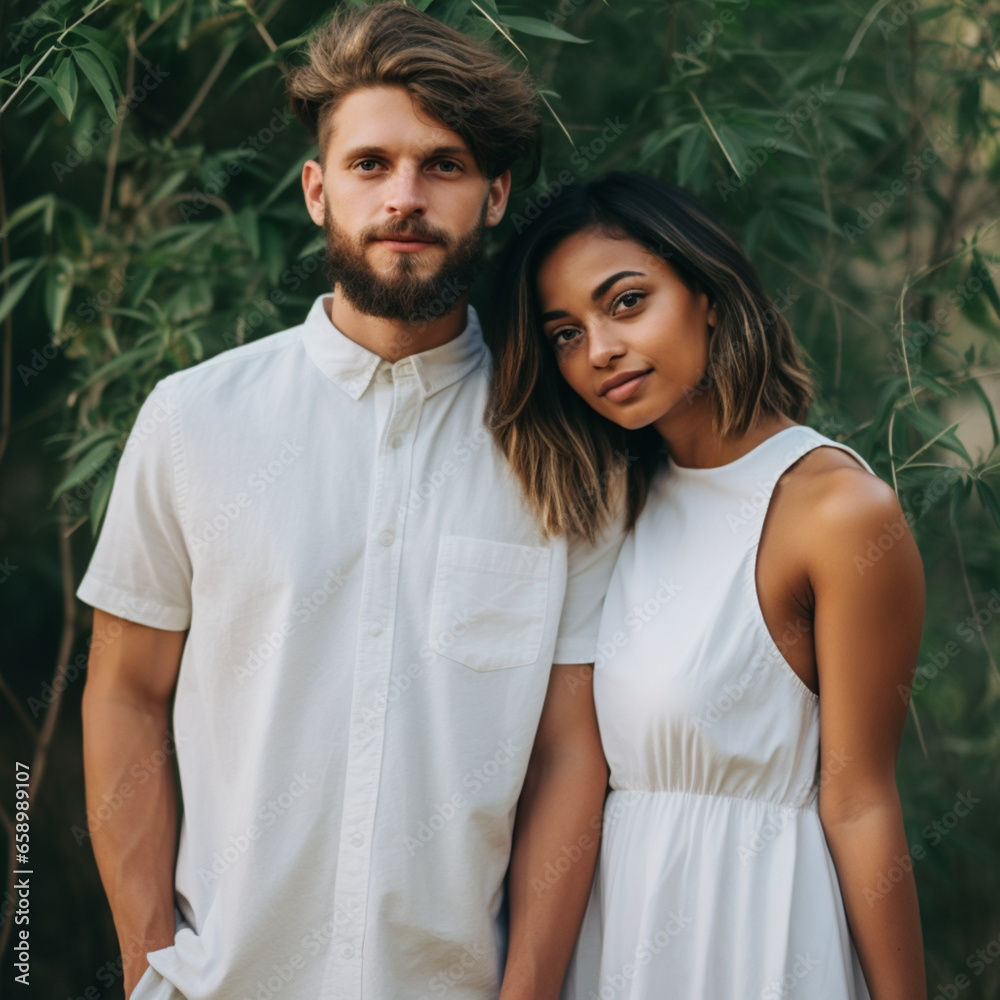 Obraz premium A stylish mixed couple posing for the camera on a summer day