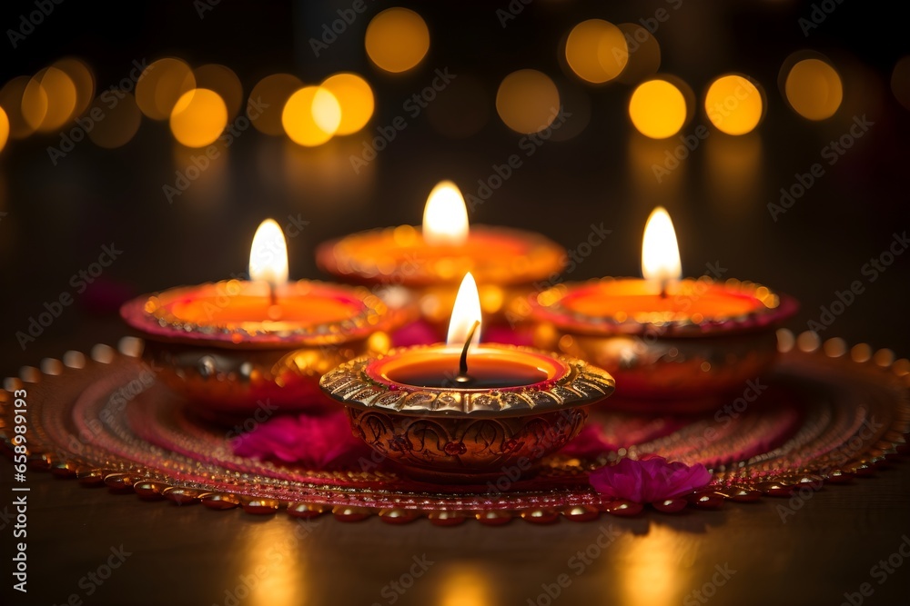 Deepavali Indian oil lamps and mandala flat lay background with copy space mockup 